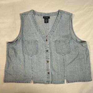 Vintage 90s Denim & Co Jean Denim Vest Metal Buttons Boxy Notched Light Wash